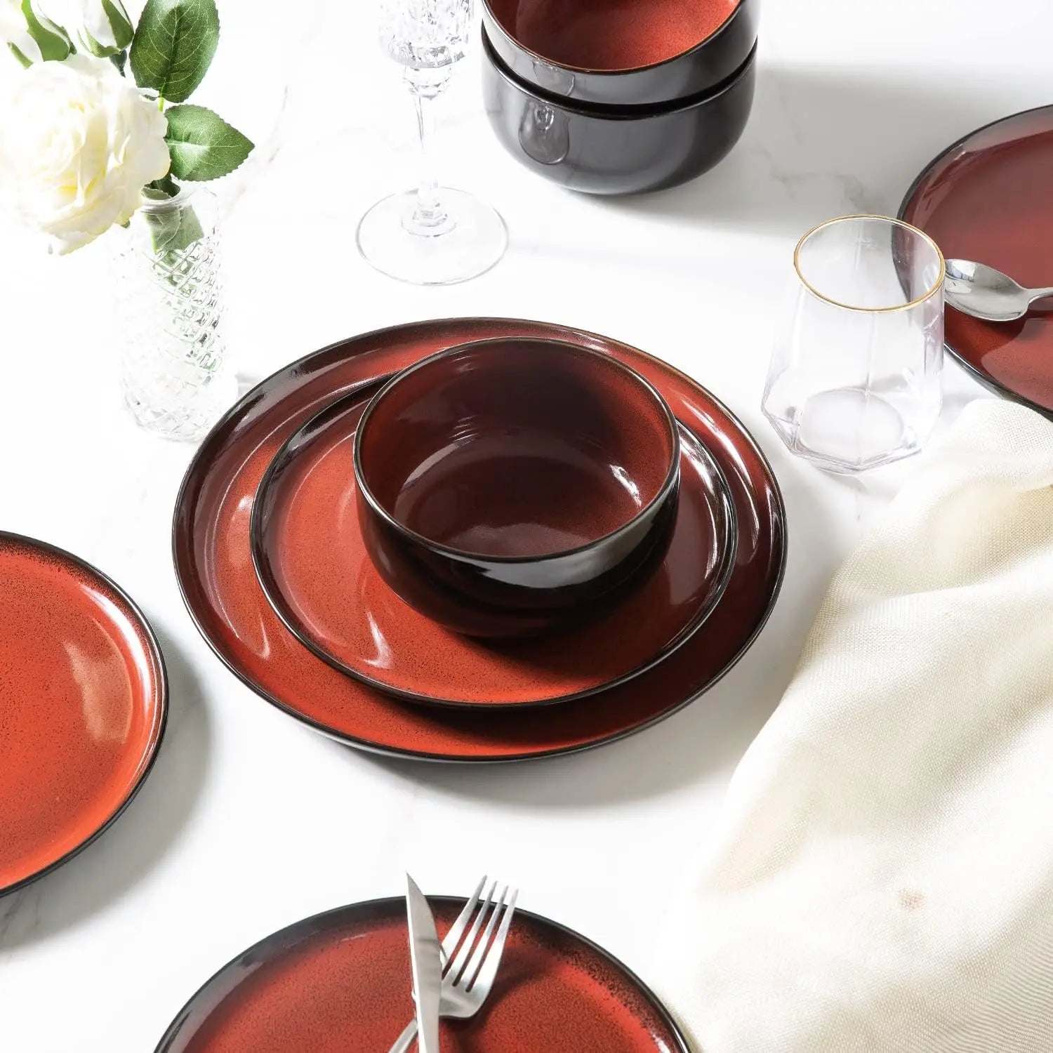 Ceramic Plates Set of 6, 8.5 Inch Reactive Glaze Light Weight Porcelain Salad Plates,Modern Shape Dinnerware Dishes Set for Micr
