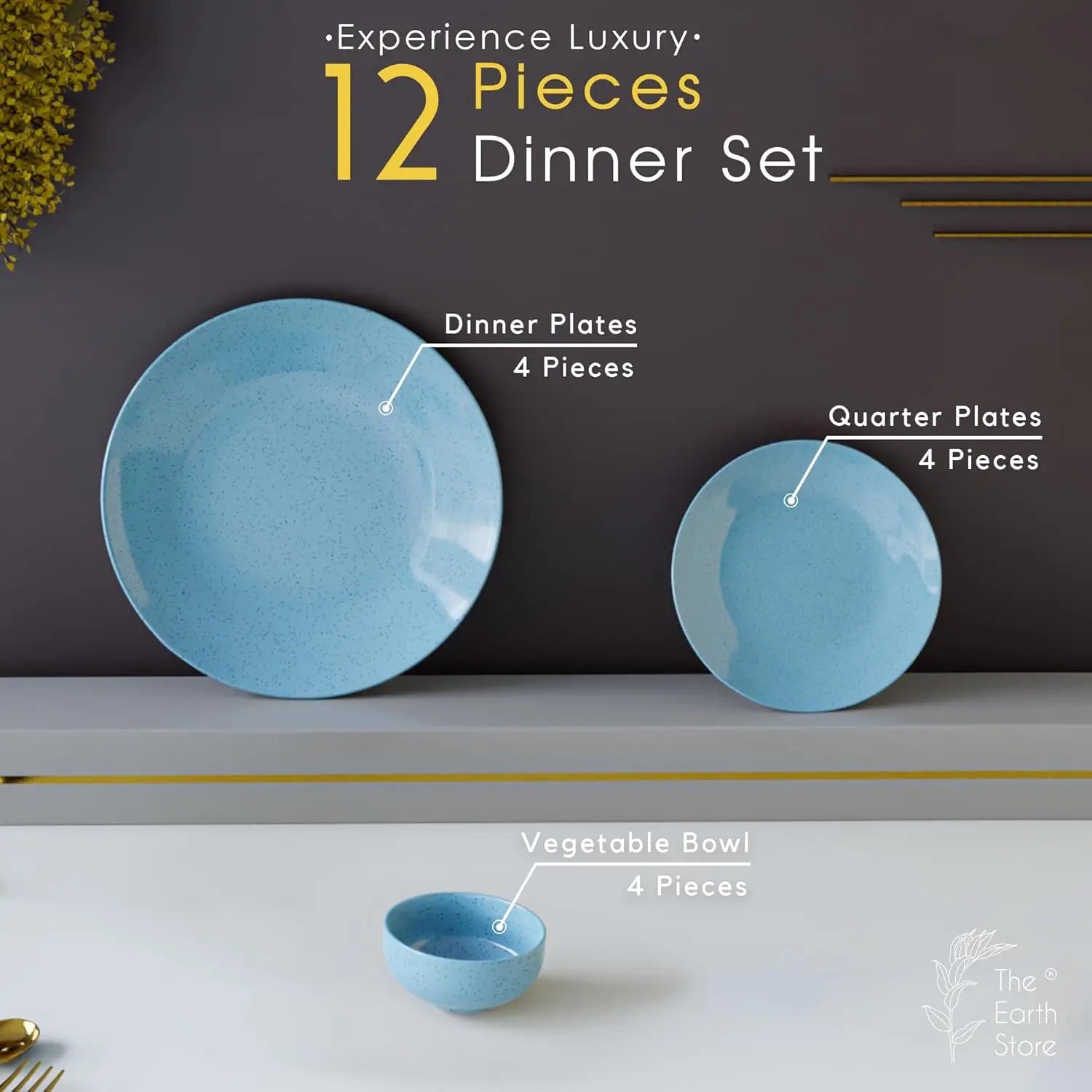 4 Full Dinner Plates, 4 Quarter Plates, 4 Vegetable Bowls | Microwave & Dishwasher Safe | Ceramic Plate | Katori