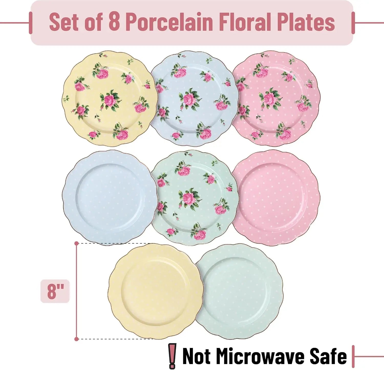 Porcelain Floral Plates, Royal Dessert Plates, 8 inch, Set of 8, Appetizer Plates, Floral Plates, Salad Plates, Small Plates, S