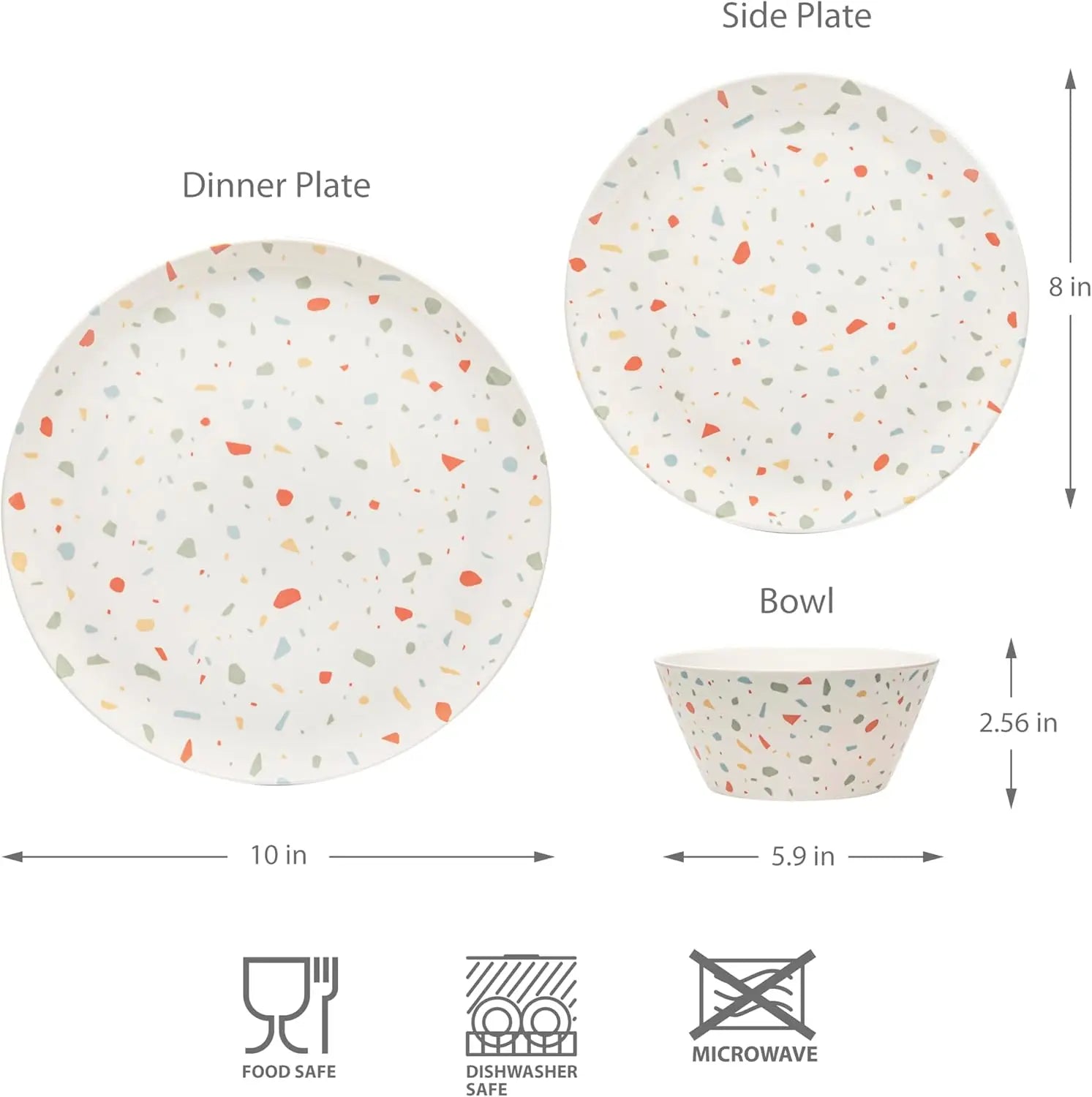 White Confetti | Lightweight, Durable, BPA-Free | Dishwasher Safe Dish Set for Indoor & Outdoor Use - Perfect for Camping, BBQs