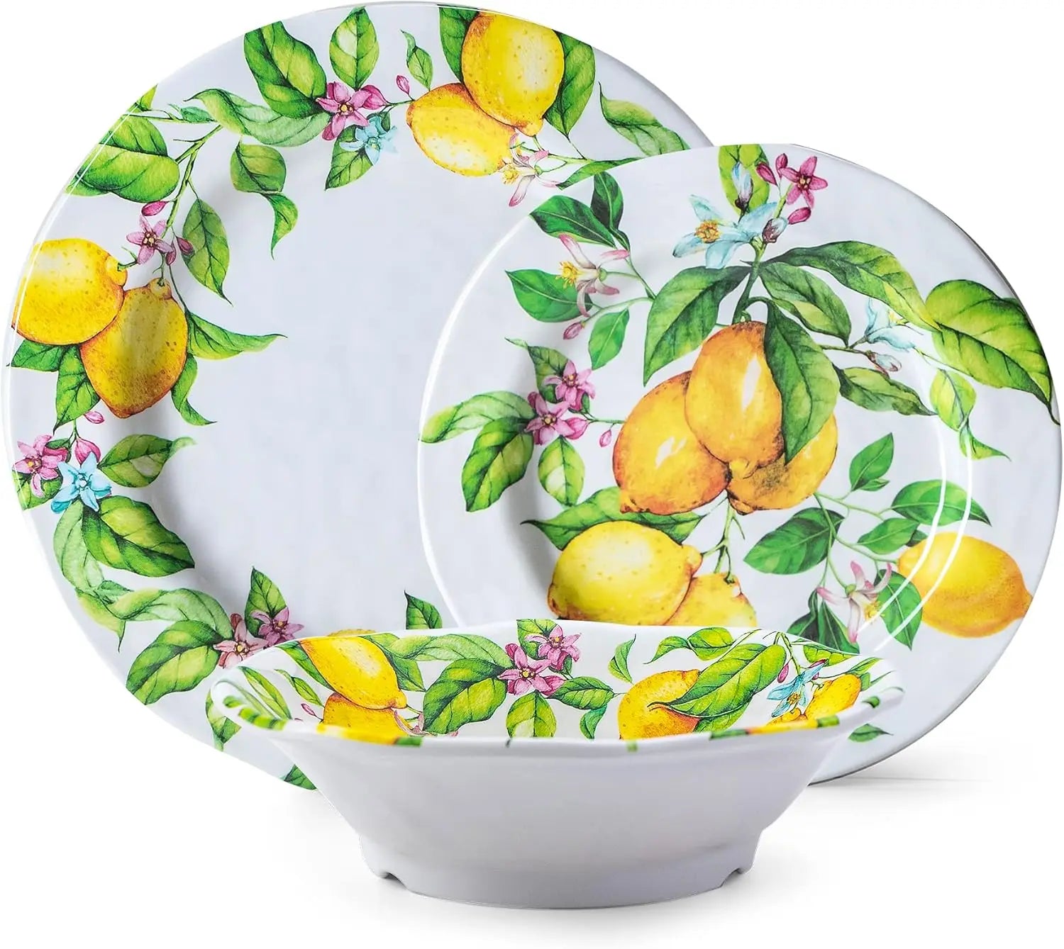 Lemon Melamine Dinnerware Dish Set – 12 Piece Indoor and Outdoor Plates and Bowls Set for Everyday Use, Dishwasher Safe, Unbreak