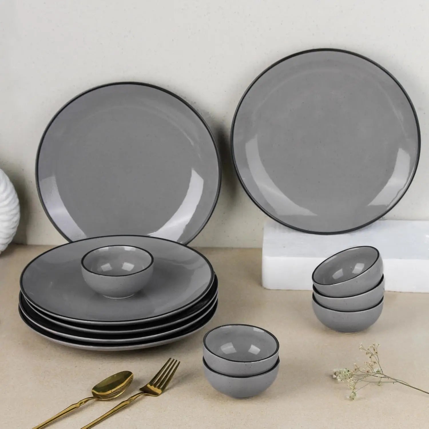 6 Full Dinner Plates, 6 Vegetable Bowls | Microwave & Dishwasher Safe | Ceramic Plate | Katori