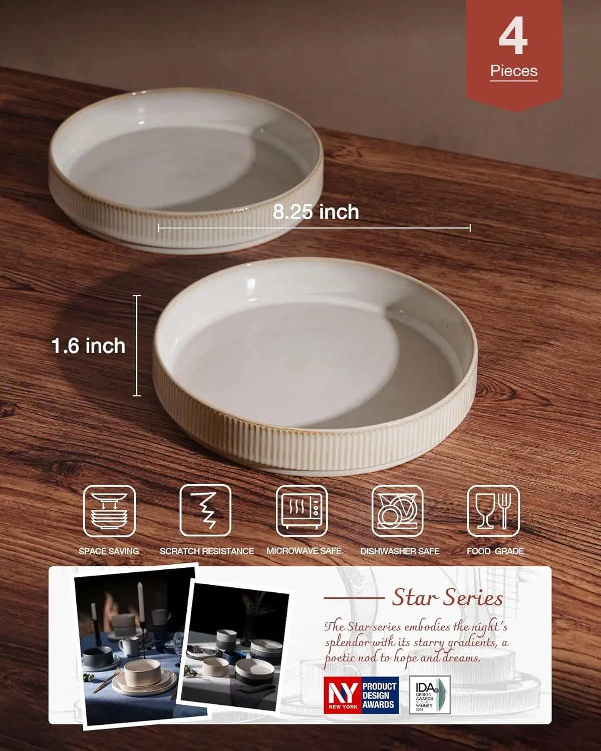Star 8.25" Pasta Bowls, Large Dinner Bowls Set of 4, Salad Bowl Plates, Shallow Bowls for Eating, Cappuccino White