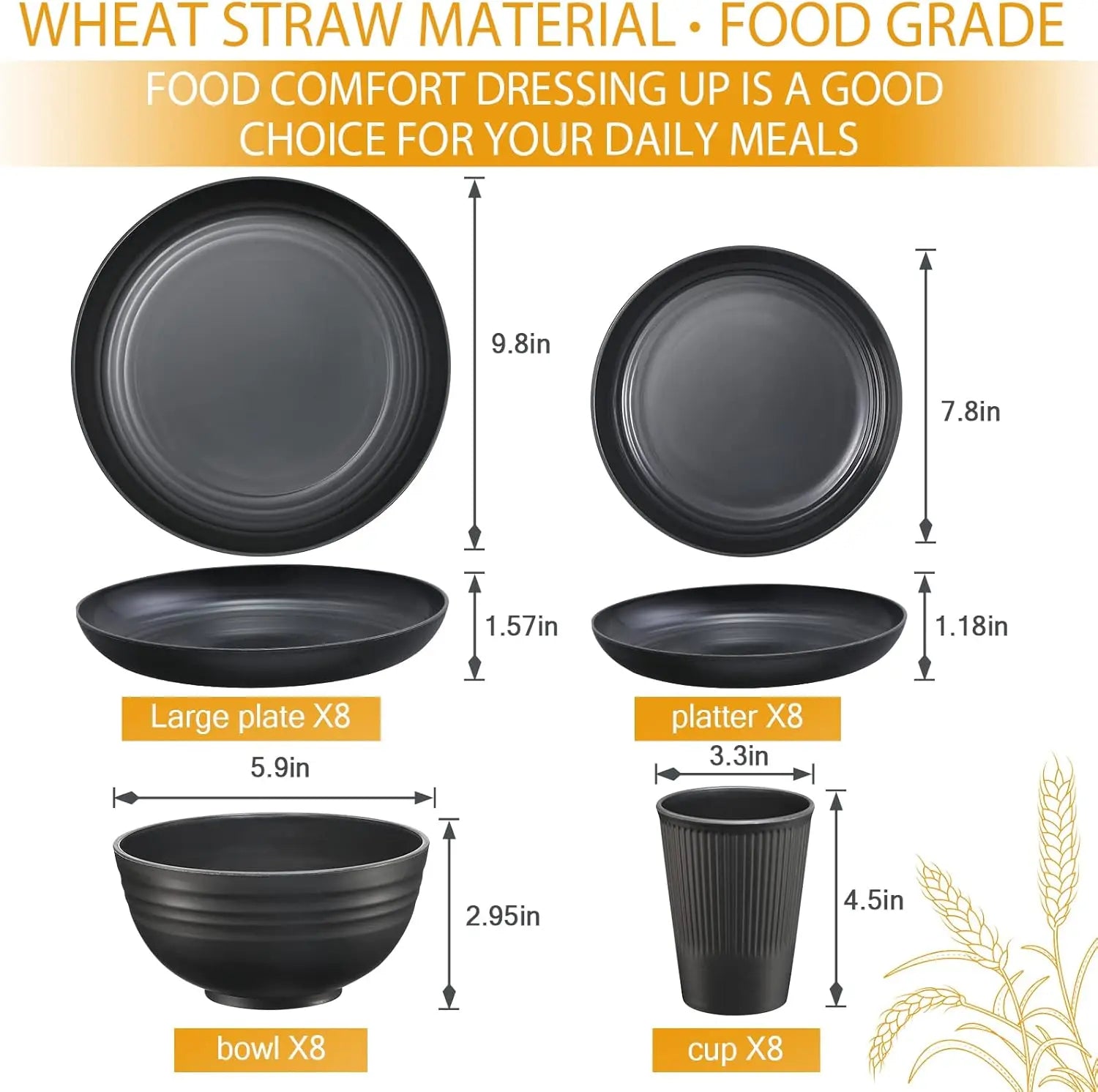 Plates and Bowls Sets for 8, 32-Piece Kitchen Dinnerware Set for 8 Tableware Wheat Straw Dinner Plates, Dessert Plates, Bowls an