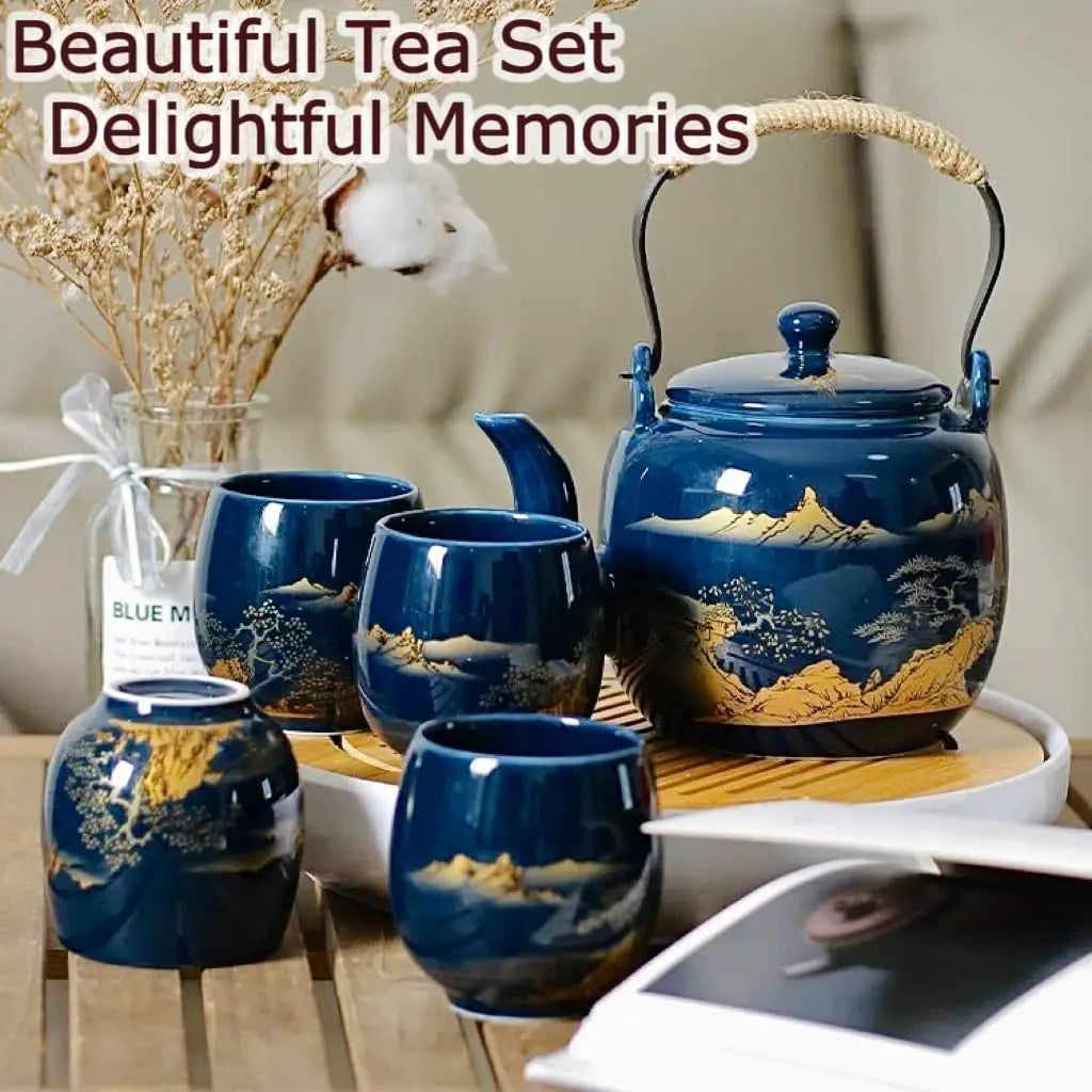 Tea Set of 6, 40oz Blue Porcelain Teapot and 6 Cups, Gold Hand-Painted Teaware with Stainless Steel Infuser and Tray, Traditiona