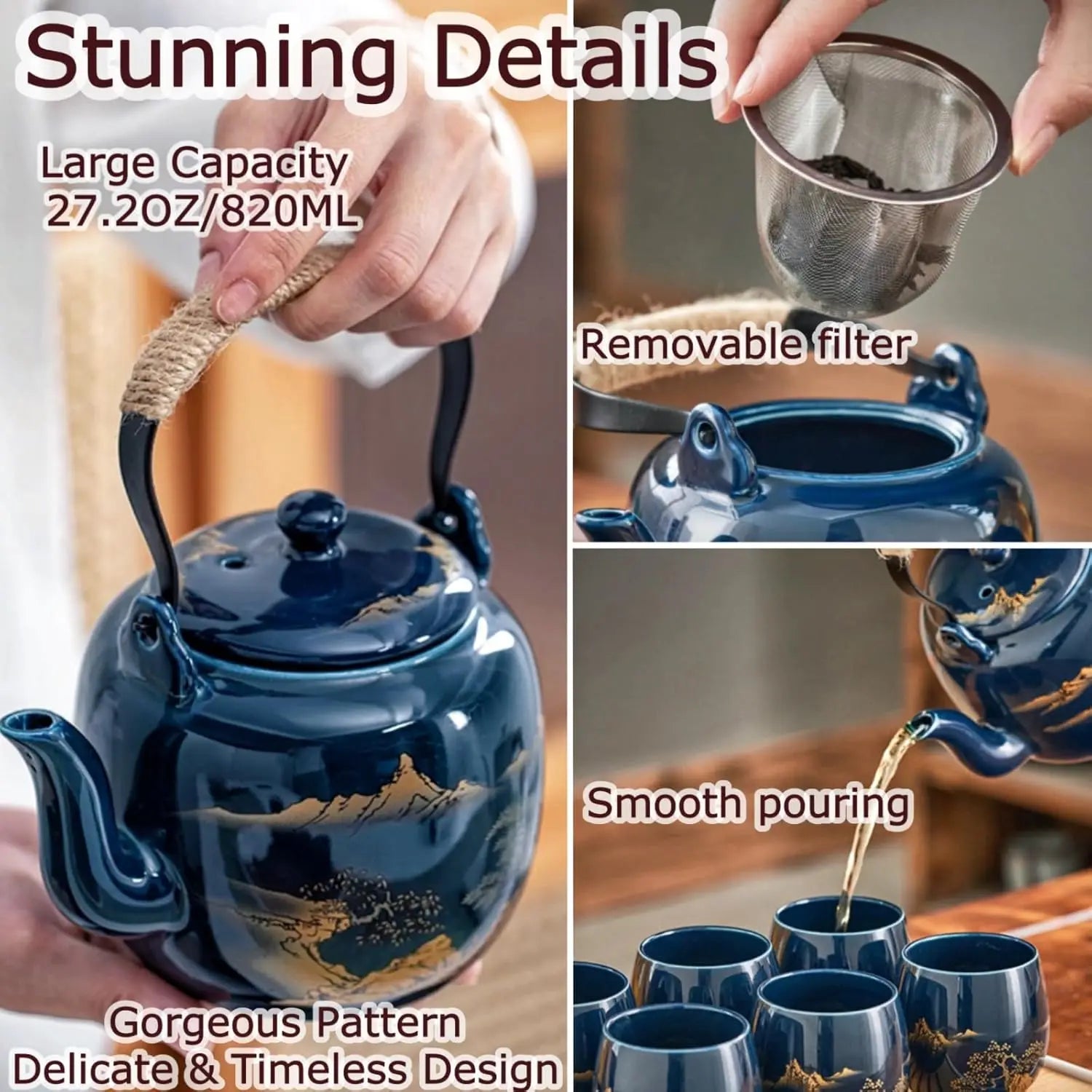 Tea Set of 6, 40oz Blue Porcelain Teapot and 6 Cups, Gold Hand-Painted Teaware with Stainless Steel Infuser and Tray, Traditiona