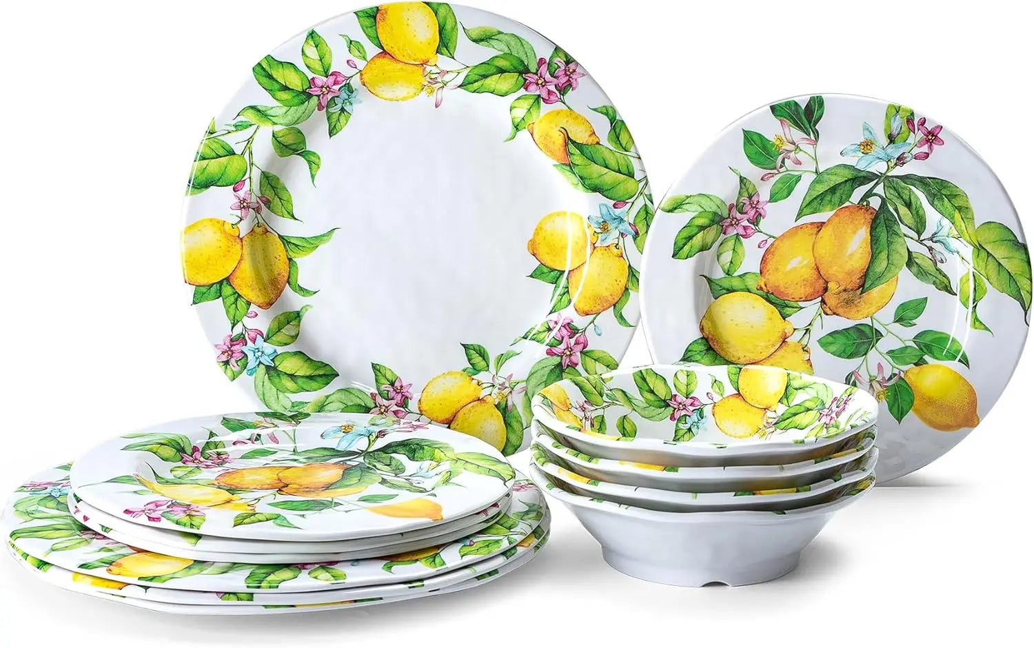 Lemon Melamine Dinnerware Dish Set – 12 Piece Indoor and Outdoor Plates and Bowls Set for Everyday Use, Dishwasher Safe, Unbreak