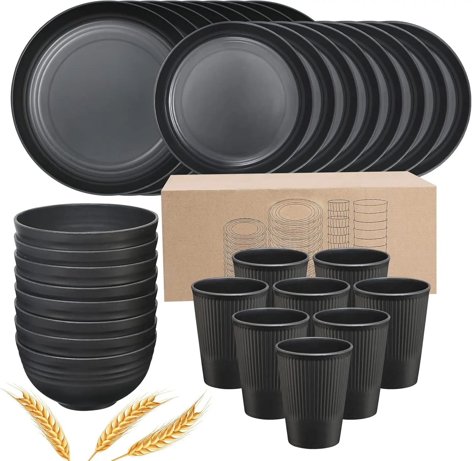 Plates and Bowls Sets for 8, 32-Piece Kitchen Dinnerware Set for 8 Tableware Wheat Straw Dinner Plates, Dessert Plates, Bowls an