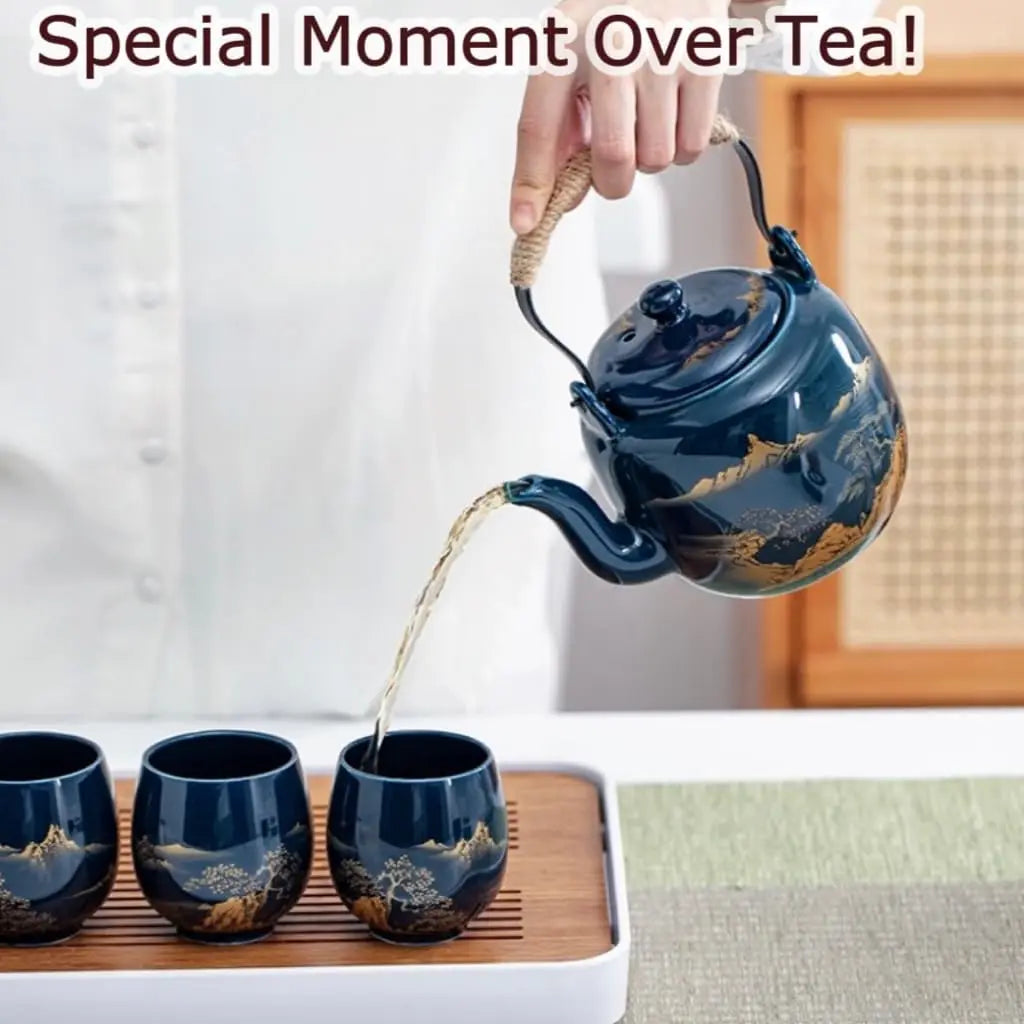 Tea Set of 6, 40oz Blue Porcelain Teapot and 6 Cups, Gold Hand-Painted Teaware with Stainless Steel Infuser and Tray, Traditiona
