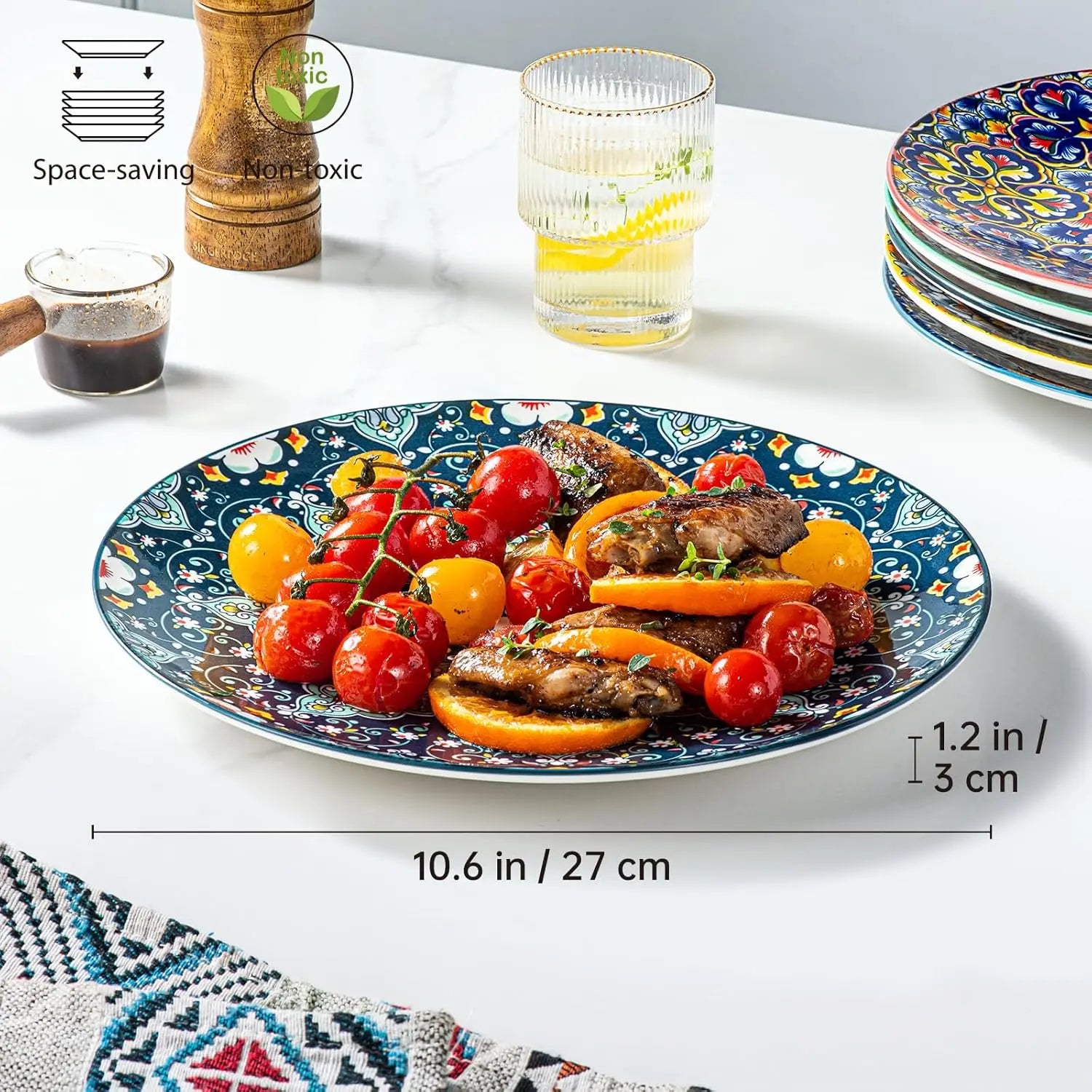 Dinner Plates Set of 6-10.5 Inch Large Ceramic Plates, Colorful Serving Dishes for Kitchen & Restaurant, Dishware, Microwave & O