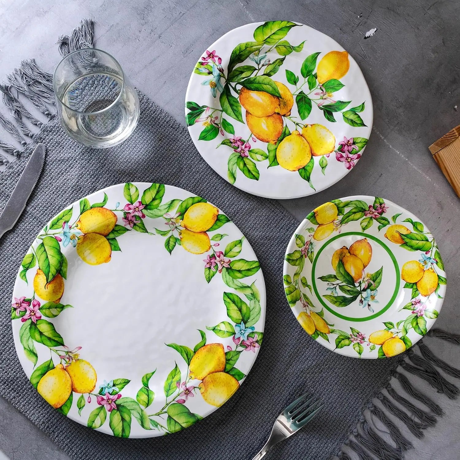 Lemon Melamine Dinnerware Dish Set – 12 Piece Indoor and Outdoor Plates and Bowls Set for Everyday Use, Dishwasher Safe, Unbreak