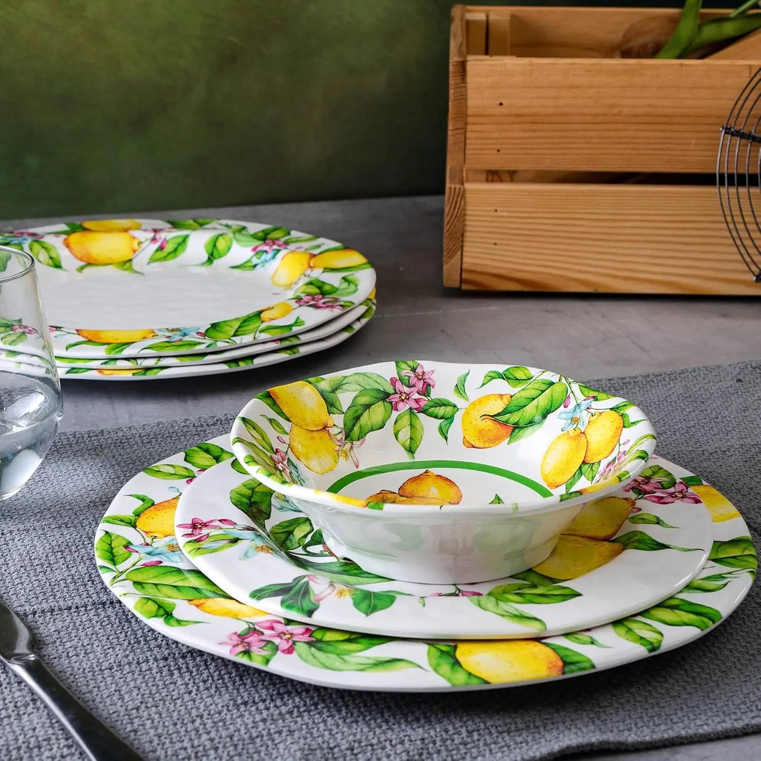 Lemon Melamine Dinnerware Dish Set – 12 Piece Indoor and Outdoor Plates and Bowls Set for Everyday Use, Dishwasher Safe, Unbreak