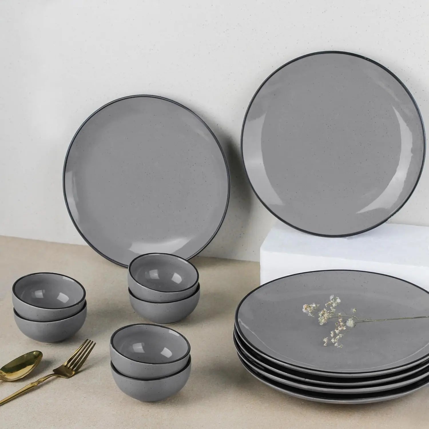 6 Full Dinner Plates, 6 Vegetable Bowls | Microwave & Dishwasher Safe | Ceramic Plate | Katori