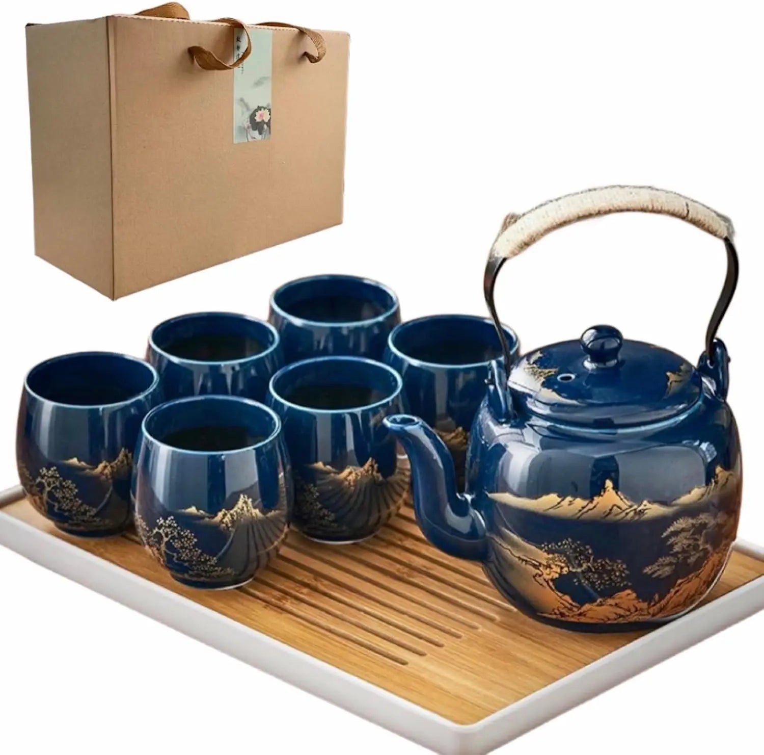 Tea Set of 6, 40oz Blue Porcelain Teapot and 6 Cups, Gold Hand-Painted Teaware with Stainless Steel Infuser and Tray, Traditiona