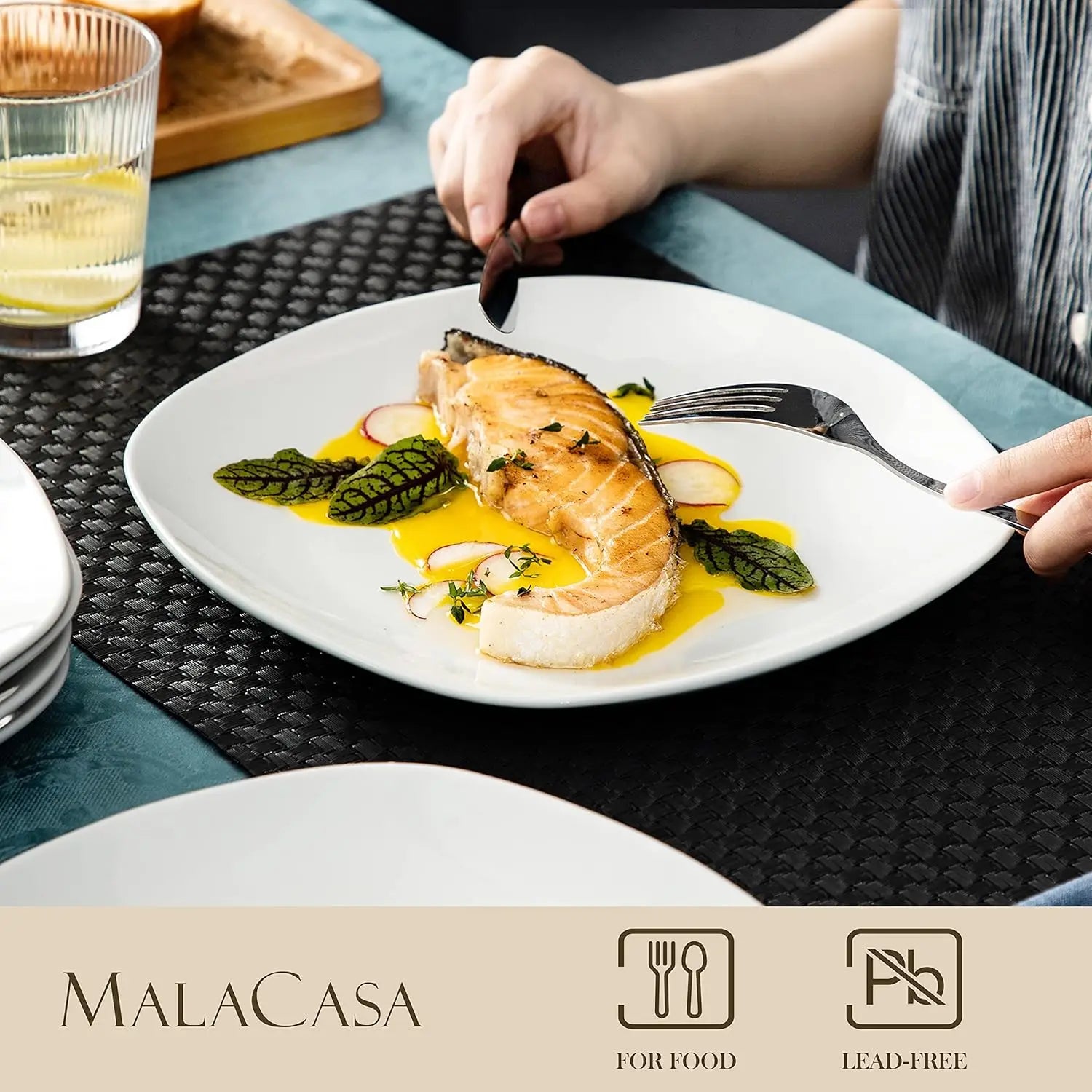Elisa Series 6-Piece Porcelain Dinner Plate Set, Minimalist, Stackable, Dishwasher & Microwave Safe, 9.75 Inch Square Plates for
