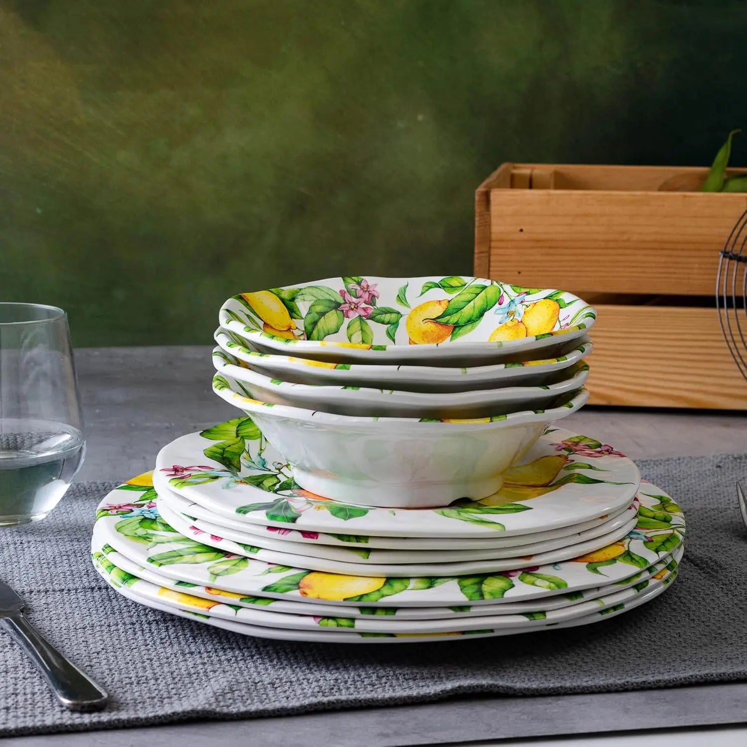 Lemon Melamine Dinnerware Dish Set – 12 Piece Indoor and Outdoor Plates and Bowls Set for Everyday Use, Dishwasher Safe, Unbreak