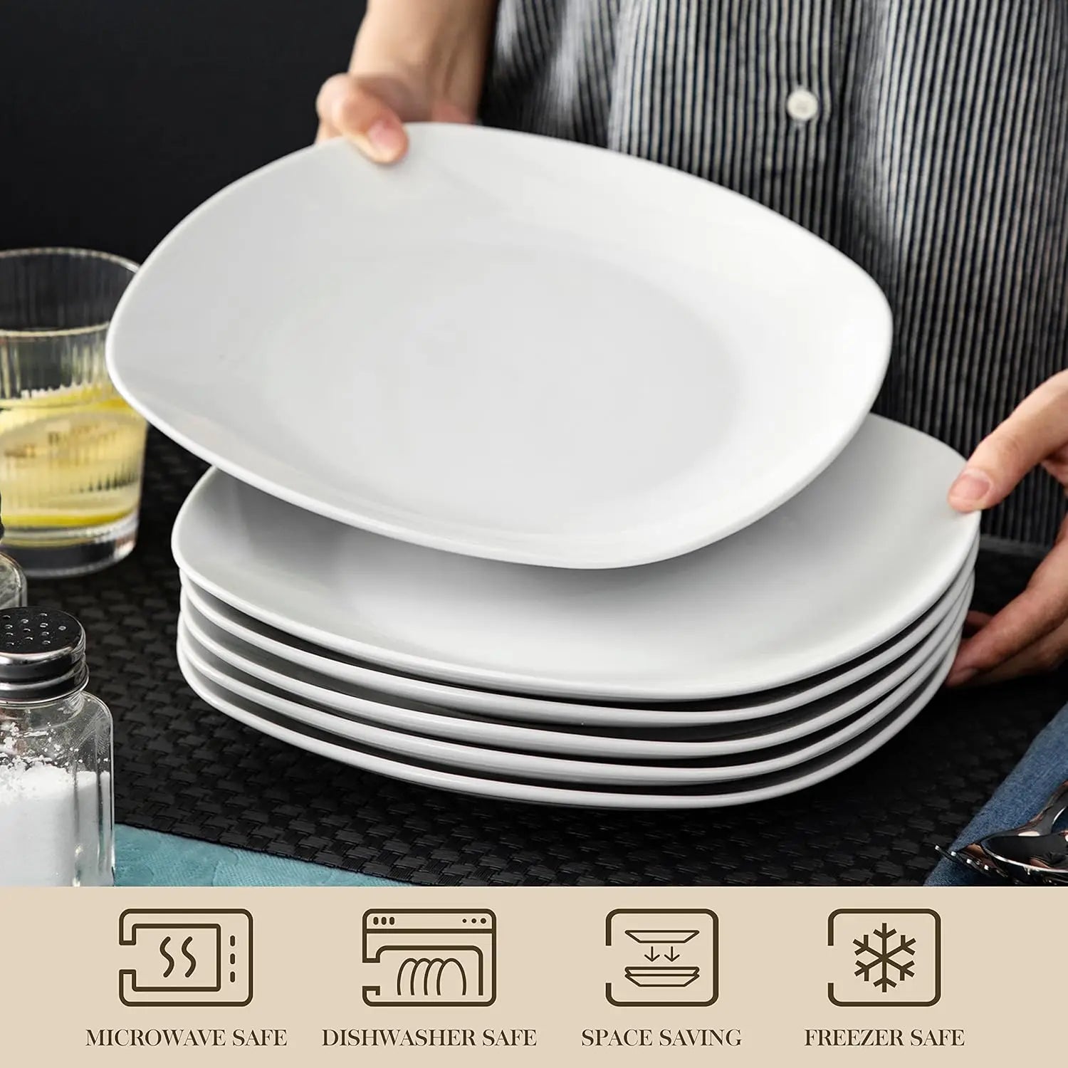 Elisa Series 6-Piece Porcelain Dinner Plate Set, Minimalist, Stackable, Dishwasher & Microwave Safe, 9.75 Inch Square Plates for