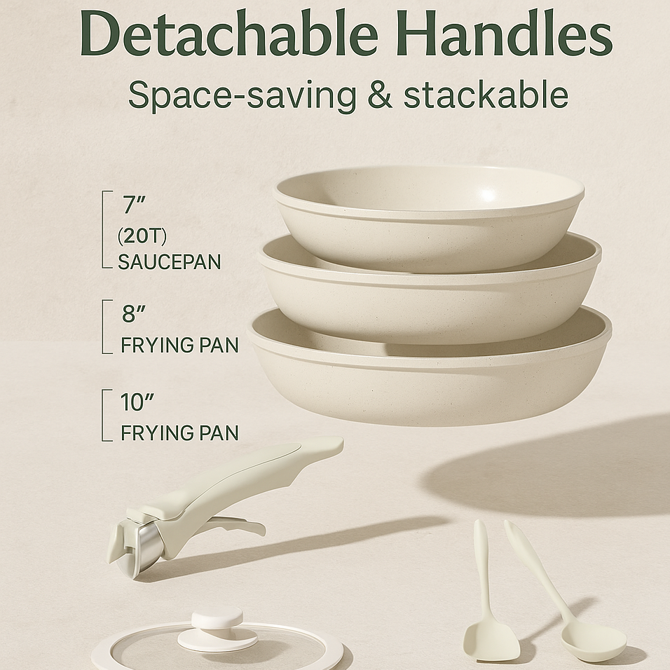 8-Piece Ceramic Cookware Set – Non-Stick Pots & Pans with Detachable Handle, Induction Ready