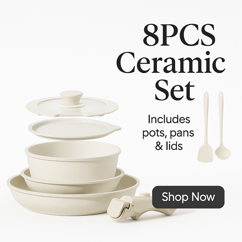8-Piece Ceramic Cookware Set – Non-Stick Pots & Pans with Detachable Handle, Induction Ready