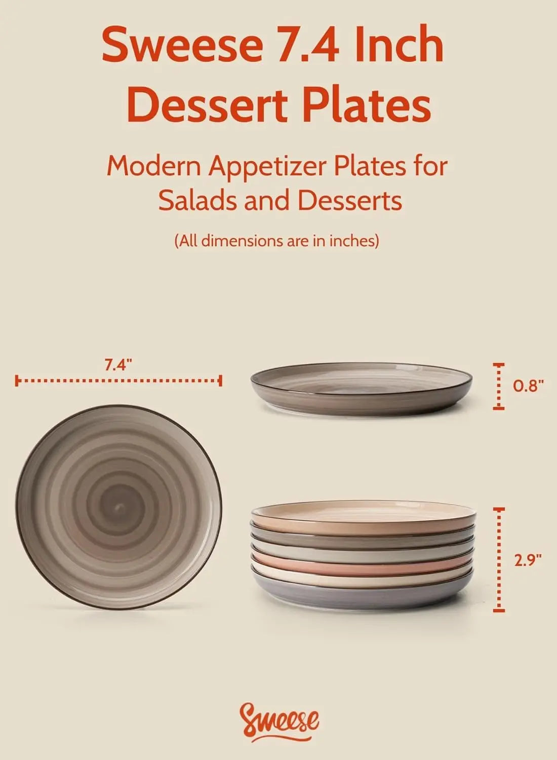 7.4 Inch Porcelain Dessert Plates – Set of 6, Dishwasher & Oven Safe