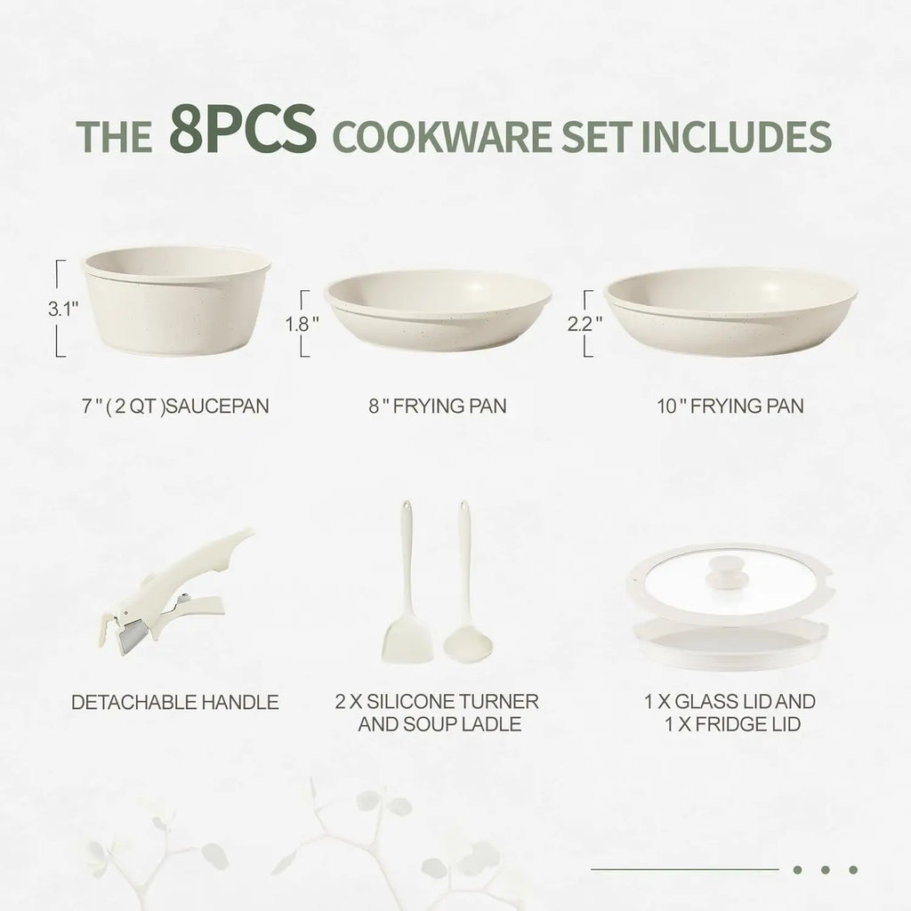 8-Piece Ceramic Cookware Set – Non-Stick Pots & Pans with Detachable Handle, Induction Ready