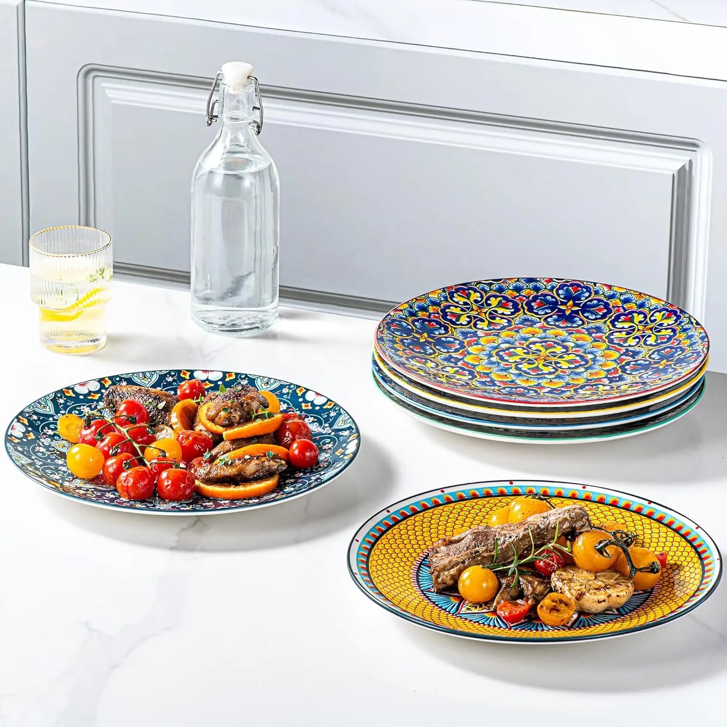 Dinner Plates Set of 6-10.5 Inch Large Ceramic Plates, Colorful Serving Dishes for Kitchen & Restaurant, Dishware, Microwave & O
