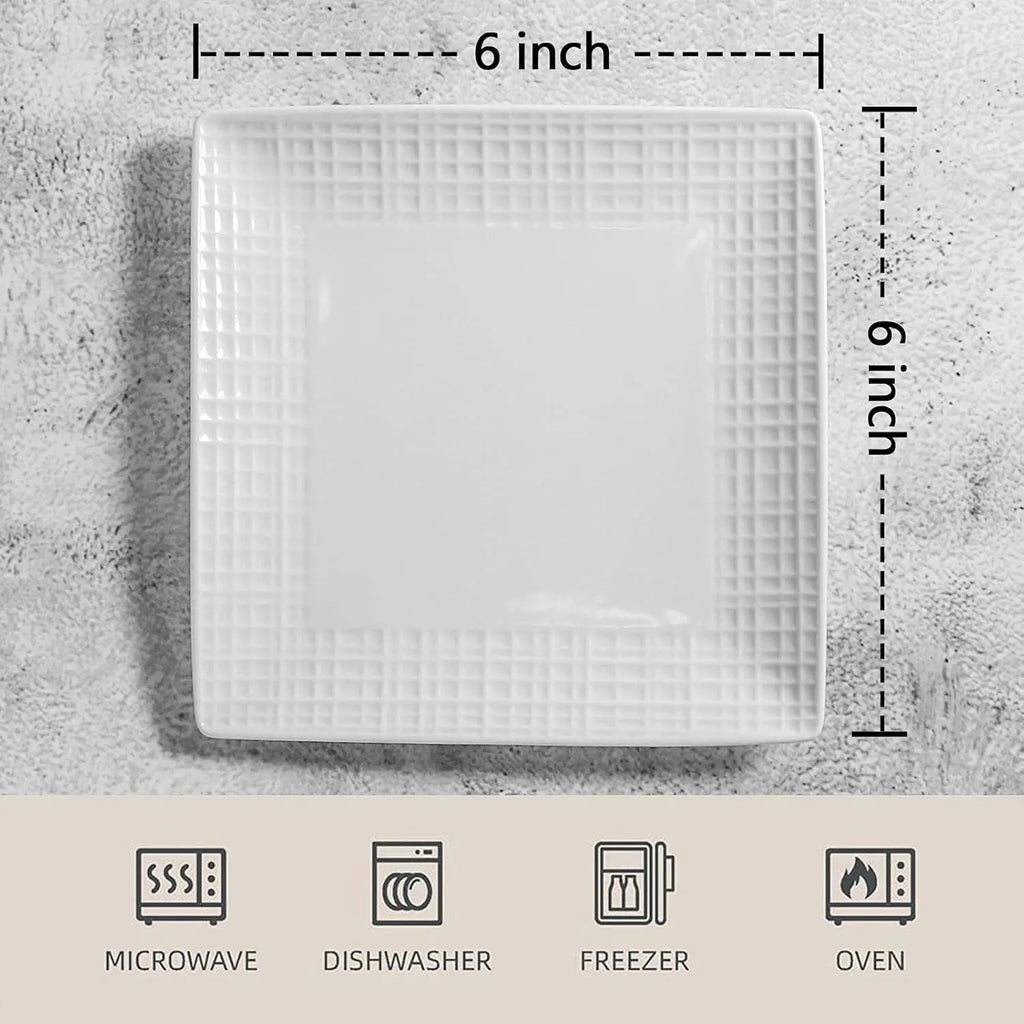 Ceramic Dessert Plates, Salad Plates Set of 6, 6 inch White Square Dinner Plates for Snack, Small Plates for Restaurant, Dishwas