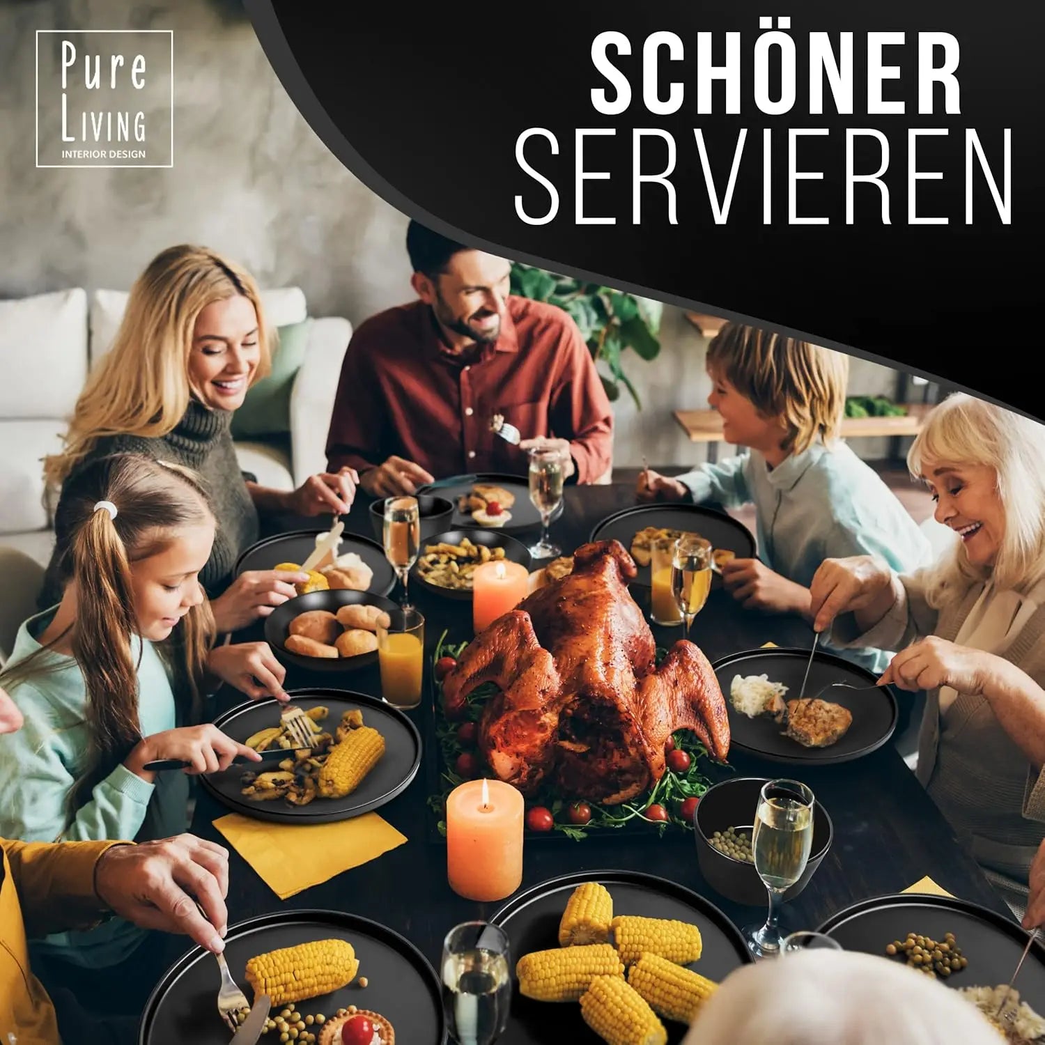 Breakfast Plates Set of 6 Manhattan in Black - Premium Stoneware for Dishwasher, Microwave - Stylish Black Plate Set Matt - Cro