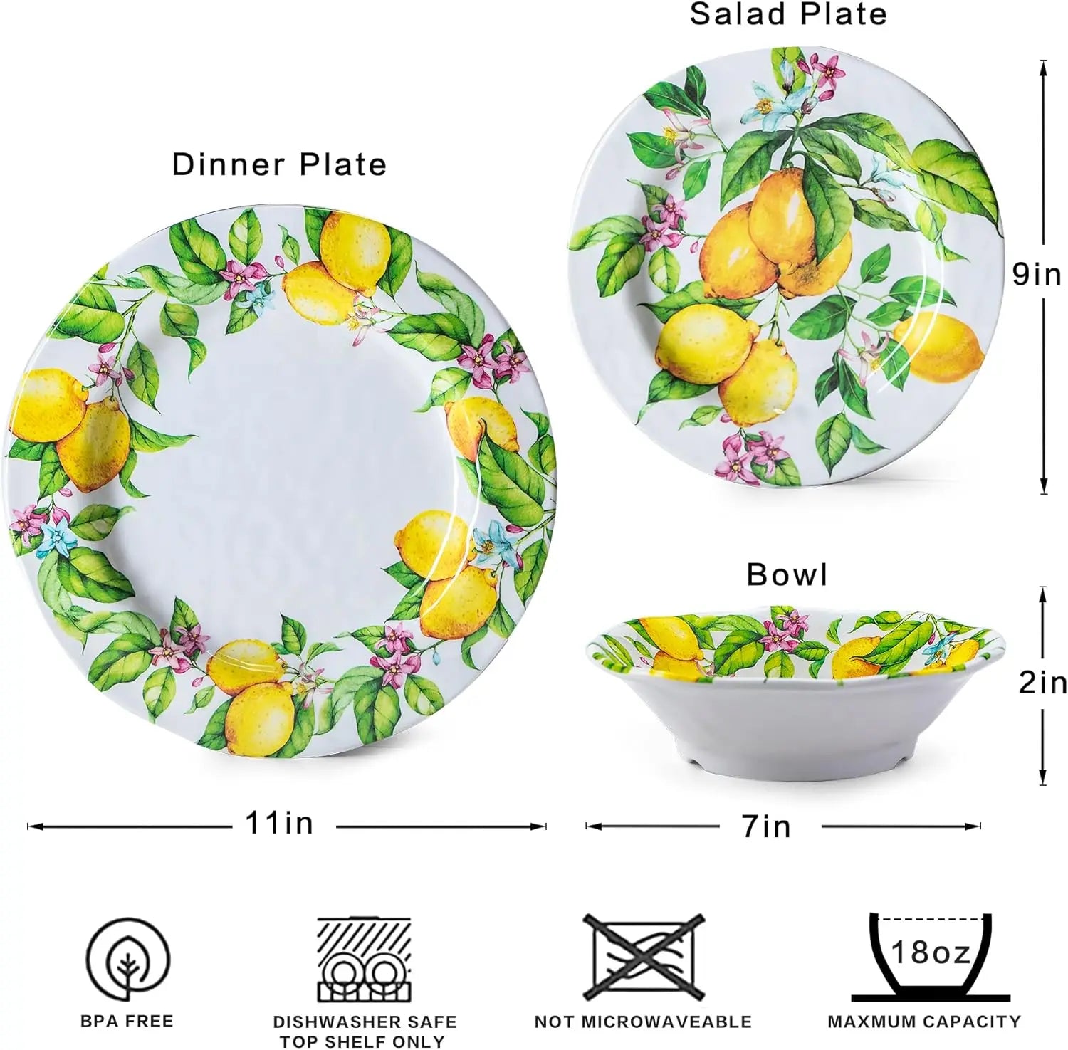 Lemon Melamine Dinnerware Dish Set – 12 Piece Indoor and Outdoor Plates and Bowls Set for Everyday Use, Dishwasher Safe, Unbreak