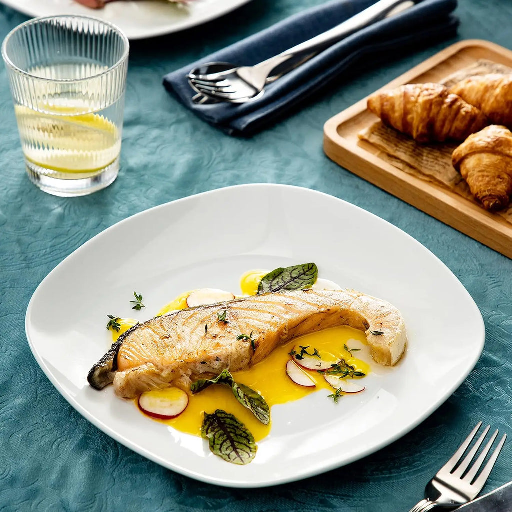 Elisa Series 6-Piece Porcelain Dinner Plate Set, Minimalist, Stackable, Dishwasher & Microwave Safe, 9.75 Inch Square Plates for