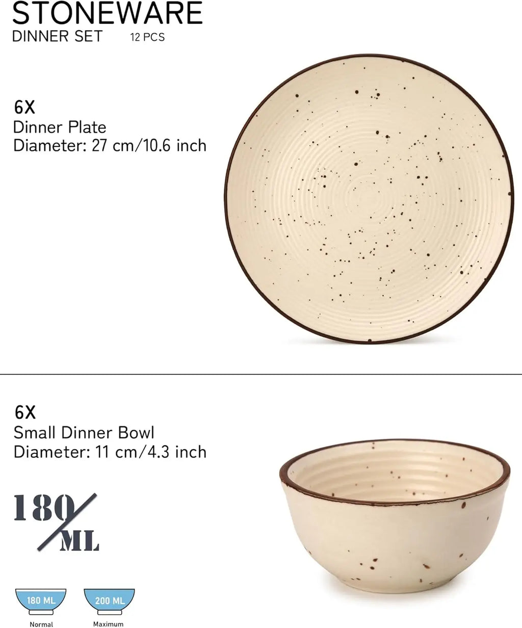 House Solid Handcrafted Stoneware Ceramic Dinner Set, 12 Pieces Dish Set Serving for 6, Microwave and Dishwasher Safe, Bone-ash