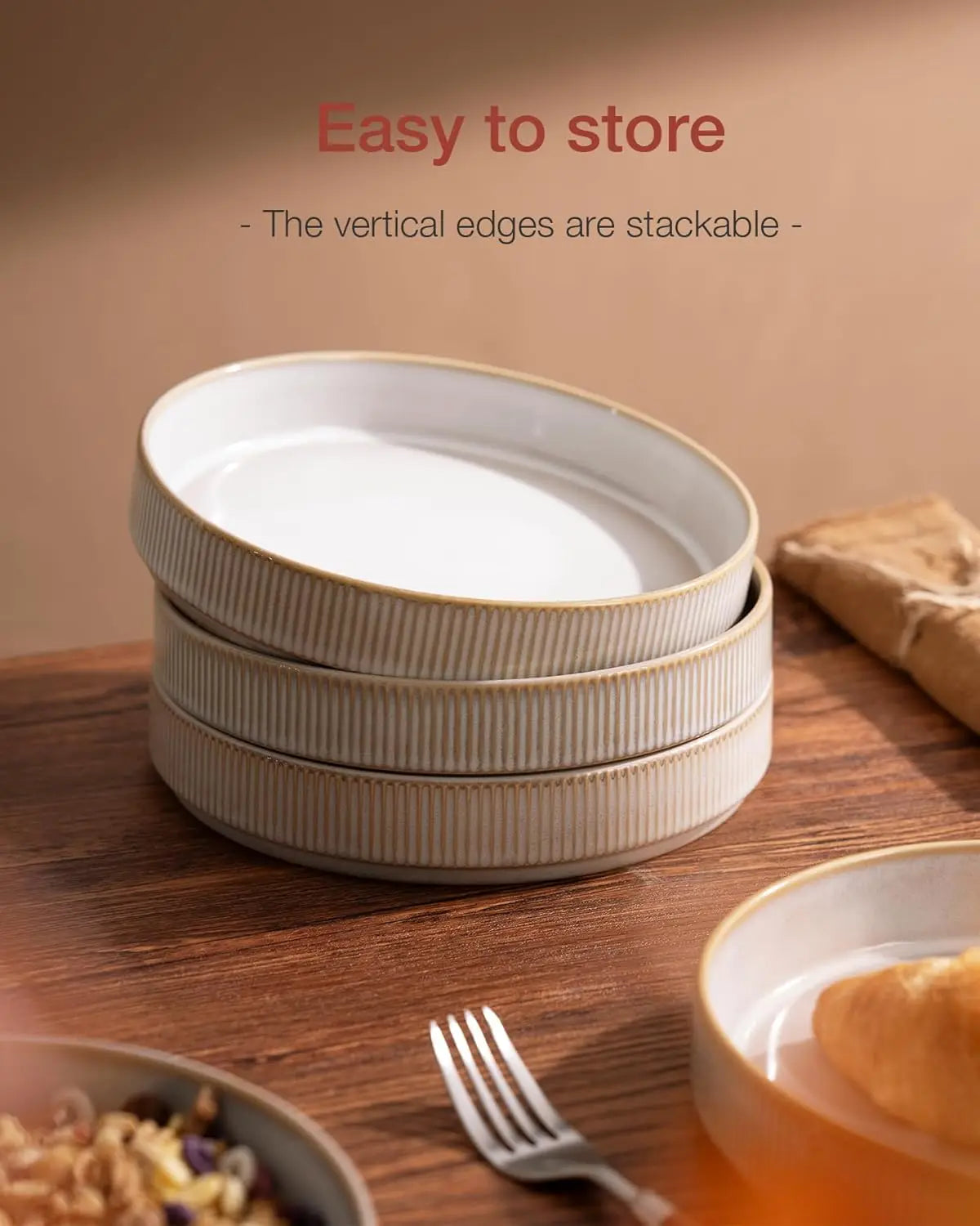Star 8.25" Pasta Bowls, Large Dinner Bowls Set of 4, Salad Bowl Plates, Shallow Bowls for Eating, Cappuccino White