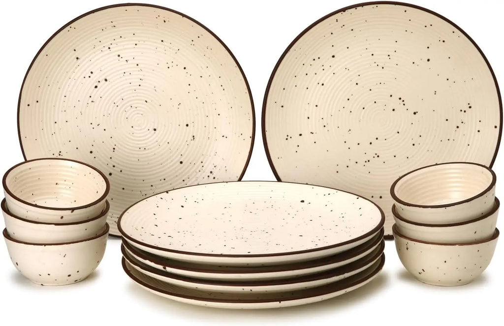 House Solid Handcrafted Stoneware Ceramic Dinner Set, 12 Pieces Dish Set Serving for 6, Microwave and Dishwasher Safe, Bone-ash