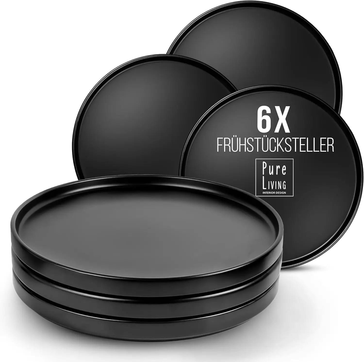 Breakfast Plates Set of 6 Manhattan in Black - Premium Stoneware for Dishwasher, Microwave - Stylish Black Plate Set Matt - Cro