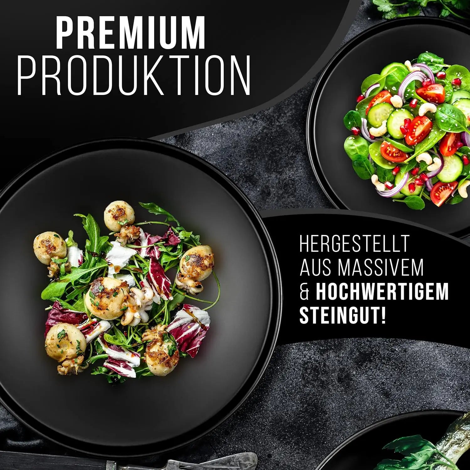 Breakfast Plates Set of 6 Manhattan in Black - Premium Stoneware for Dishwasher, Microwave - Stylish Black Plate Set Matt - Cro