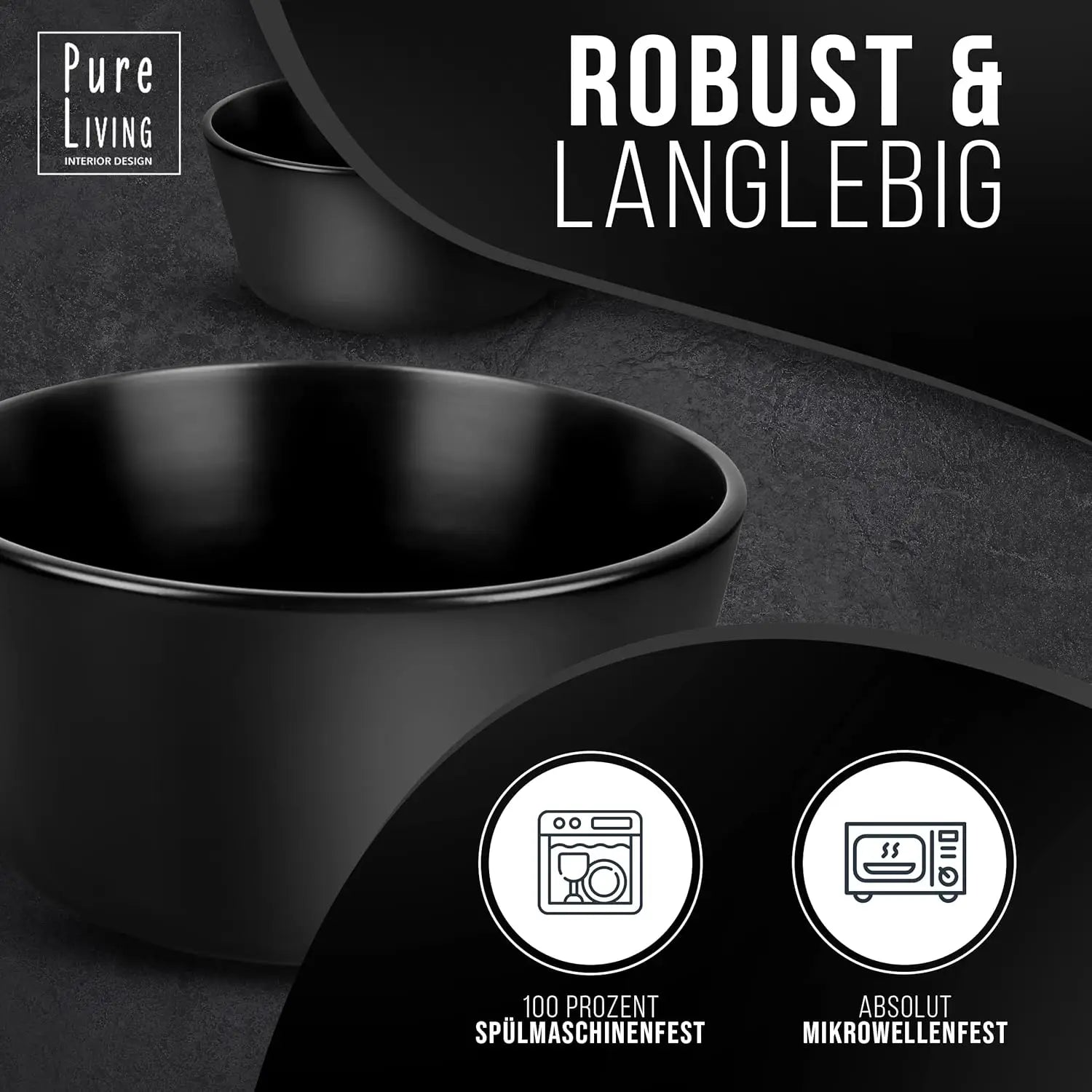 Breakfast Plates Set of 6 Manhattan in Black - Premium Stoneware for Dishwasher, Microwave - Stylish Black Plate Set Matt - Cro