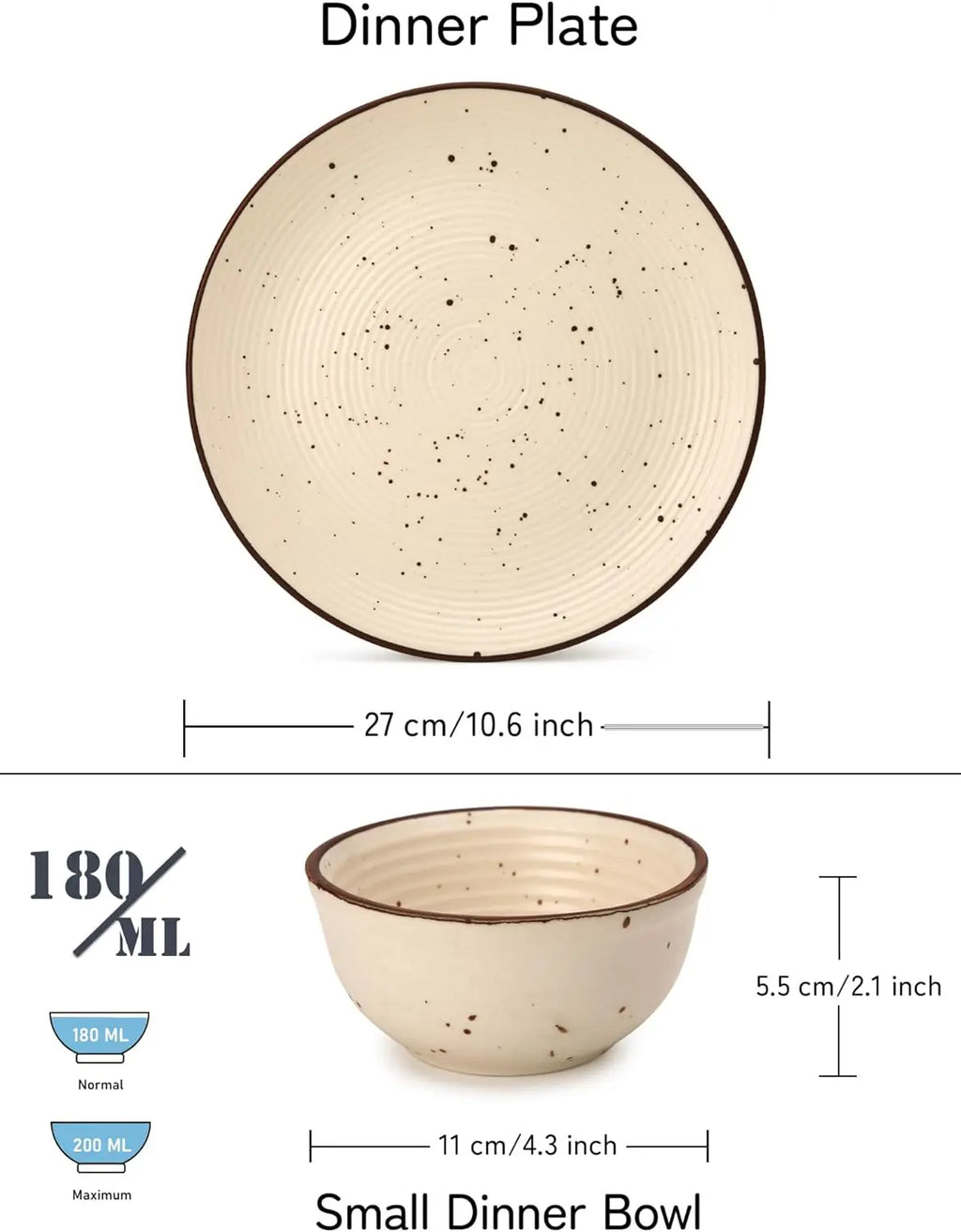 House Solid Handcrafted Stoneware Ceramic Dinner Set, 12 Pieces Dish Set Serving for 6, Microwave and Dishwasher Safe, Bone-ash