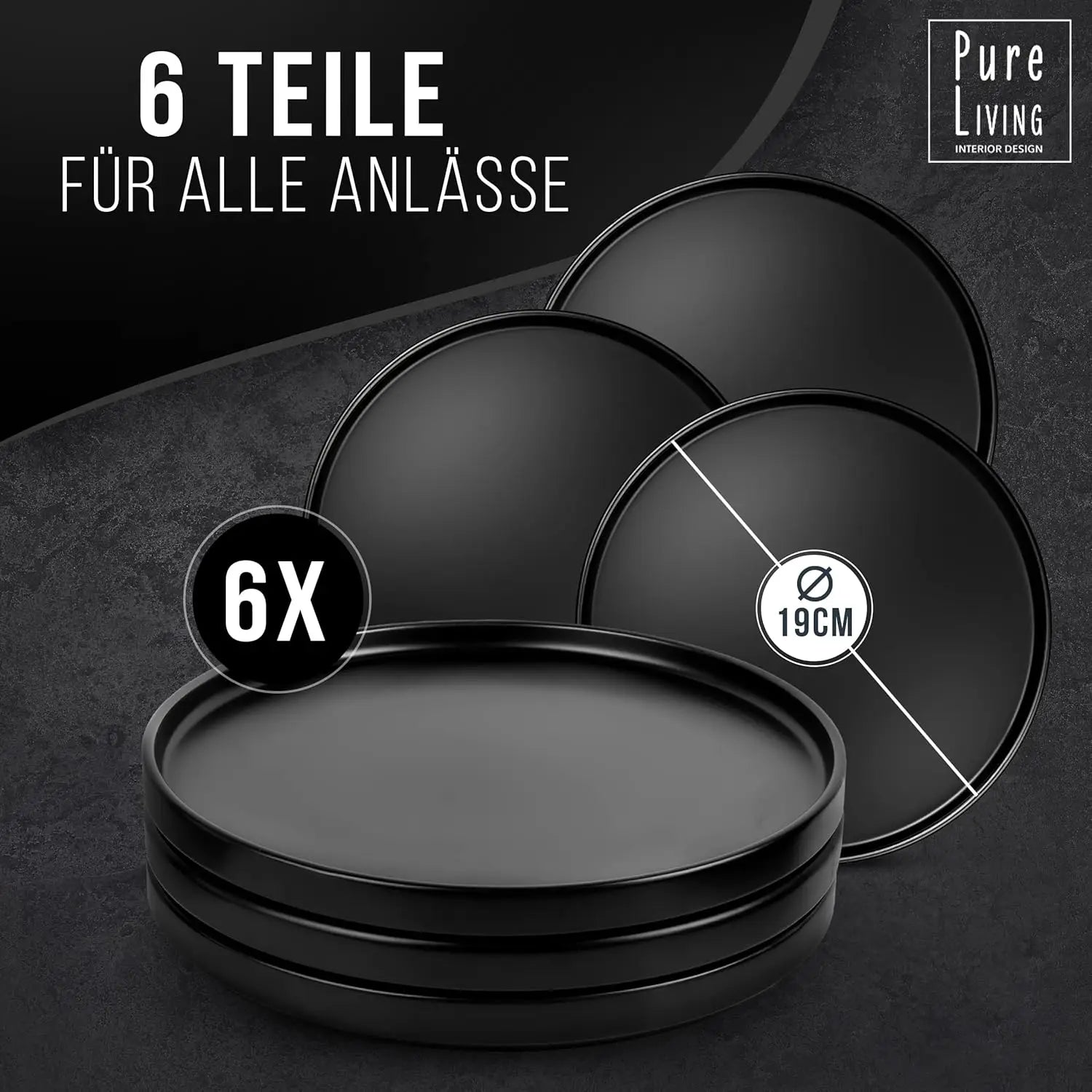 Breakfast Plates Set of 6 Manhattan in Black - Premium Stoneware for Dishwasher, Microwave - Stylish Black Plate Set Matt - Cro